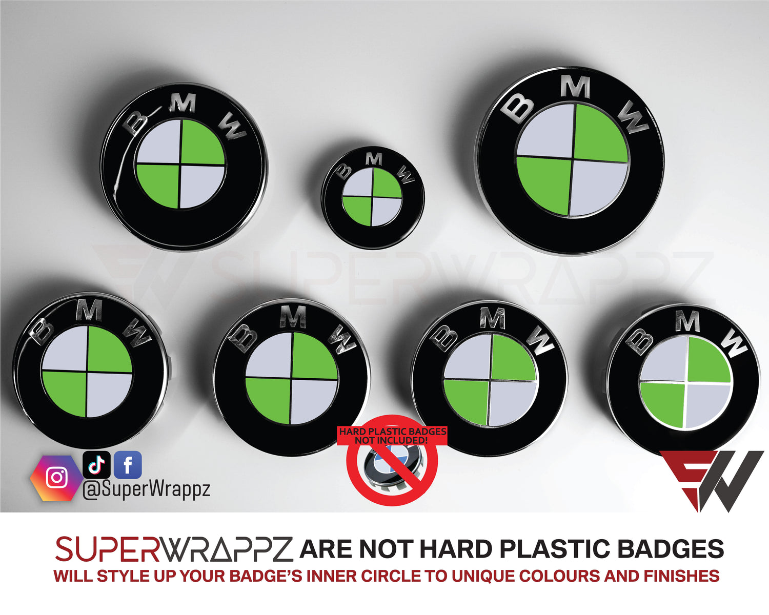 White and Green Gloss BMW badge overlay by SuperWrappz on E/F Series emblems, aftermarket cast-vinyl set