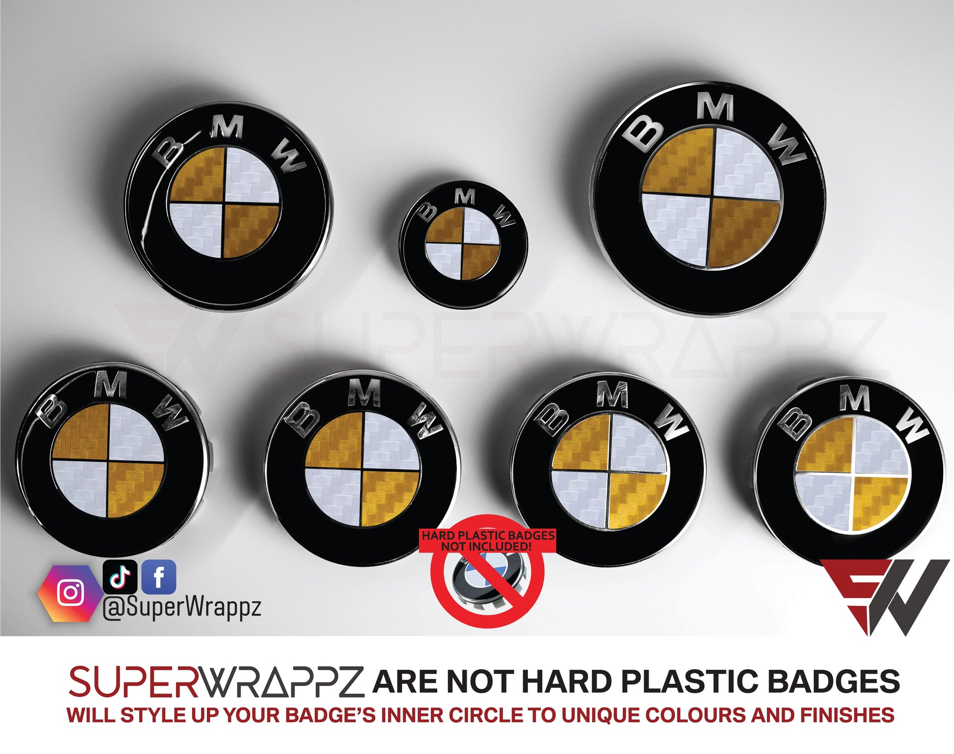 White and Gold Carbon BMW badge overlay by SuperWrappz on E/F Series emblems, aftermarket cast-vinyl set