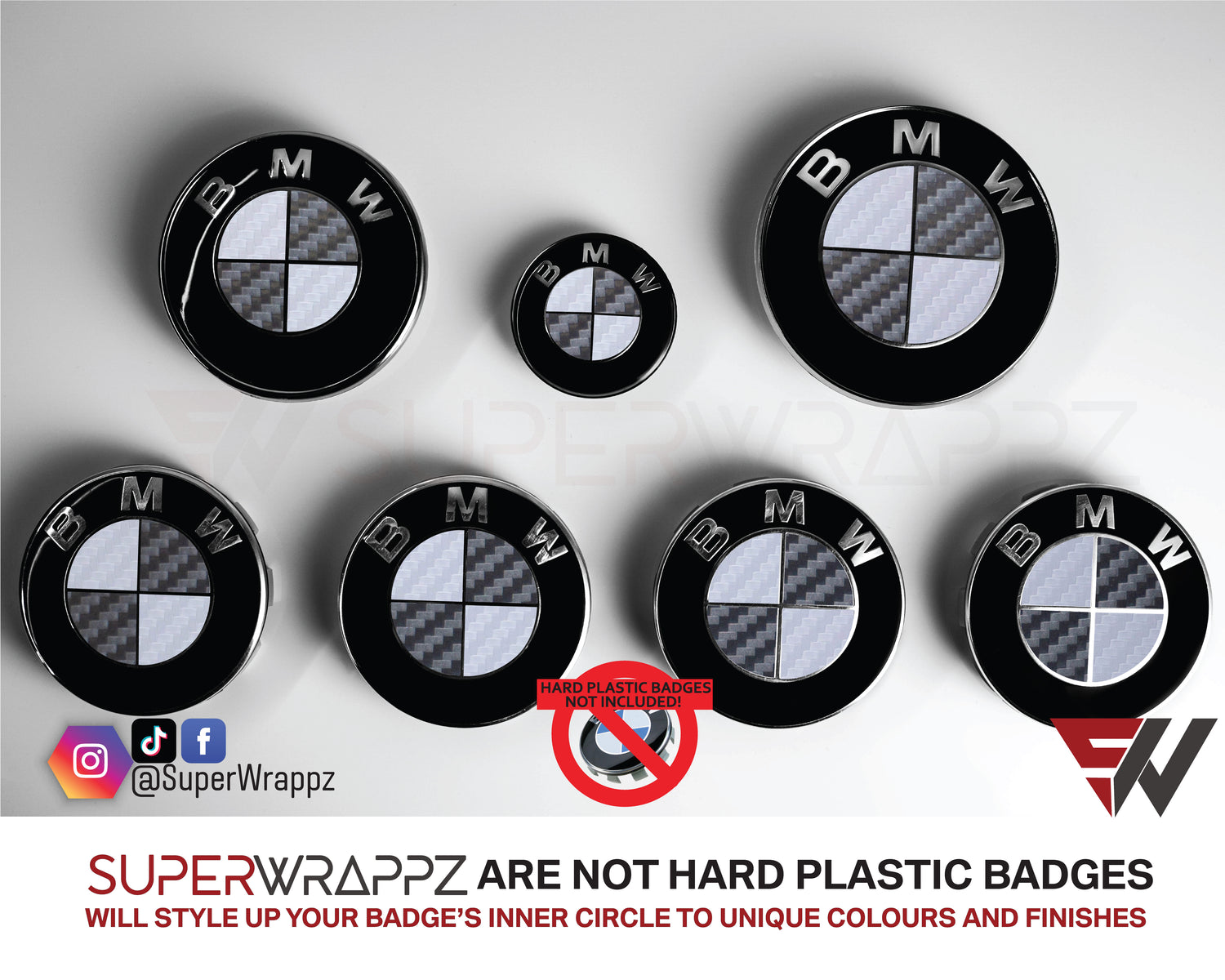 White and Dark Grey Carbon BMW badge overlay by SuperWrappz on E/F Series emblems, aftermarket cast-vinyl set