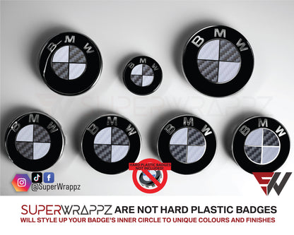 White and Dark Grey Carbon BMW badge overlay by SuperWrappz on E/F Series emblems, aftermarket cast-vinyl set