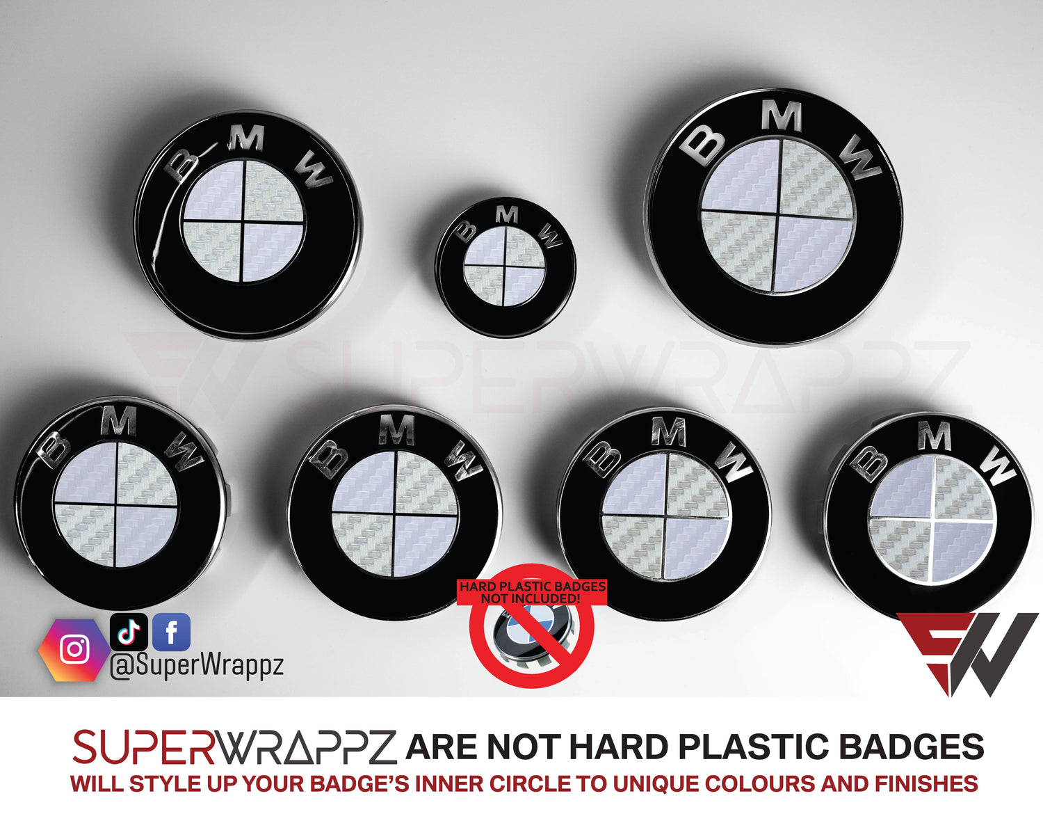 White and Silver Carbon BMW badge overlay by SuperWrappz on E/F Series emblems, aftermarket cast-vinyl set