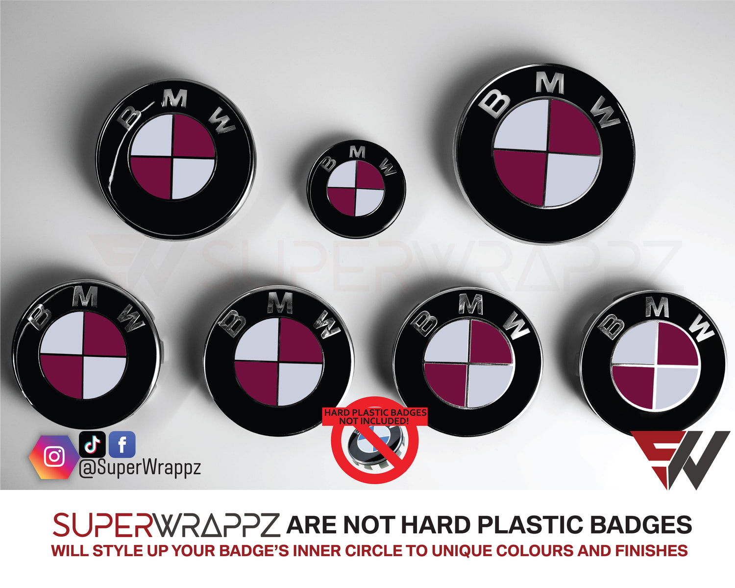 White and Pink Fuchsia Gloss BMW badge overlay by SuperWrappz on E/F Series emblems, aftermarket cast-vinyl set