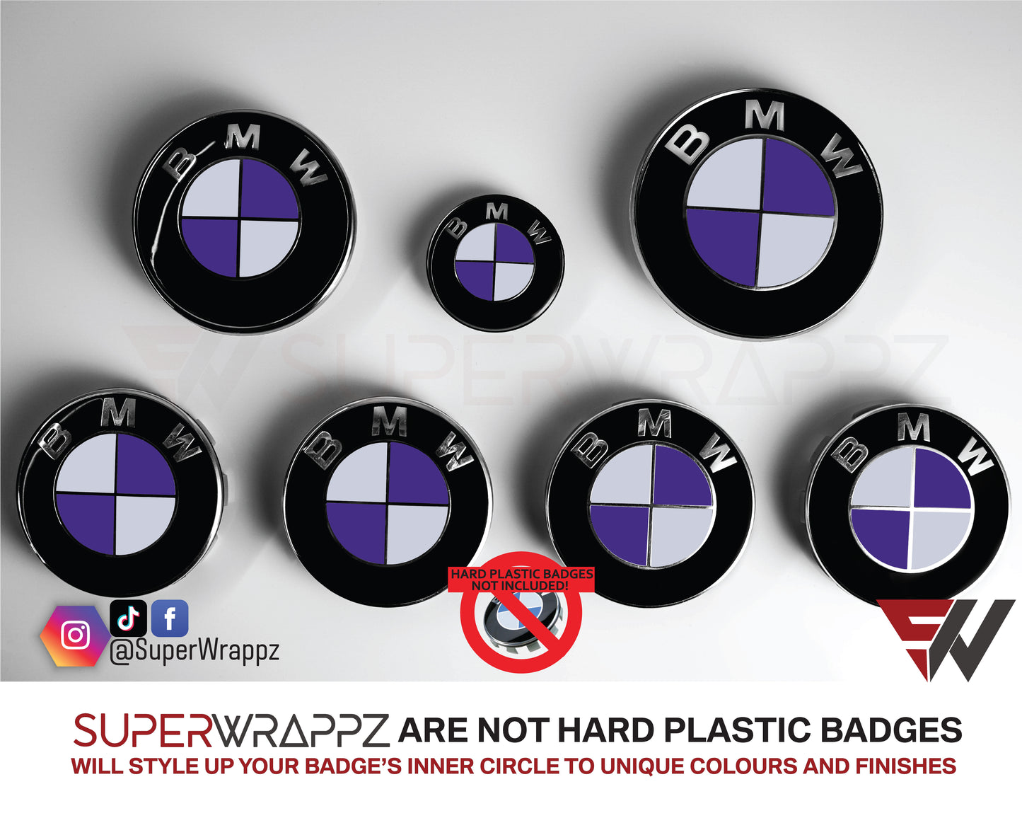 White and Purple Gloss BMW badge overlay by SuperWrappz on E/F Series emblems, aftermarket cast-vinyl set