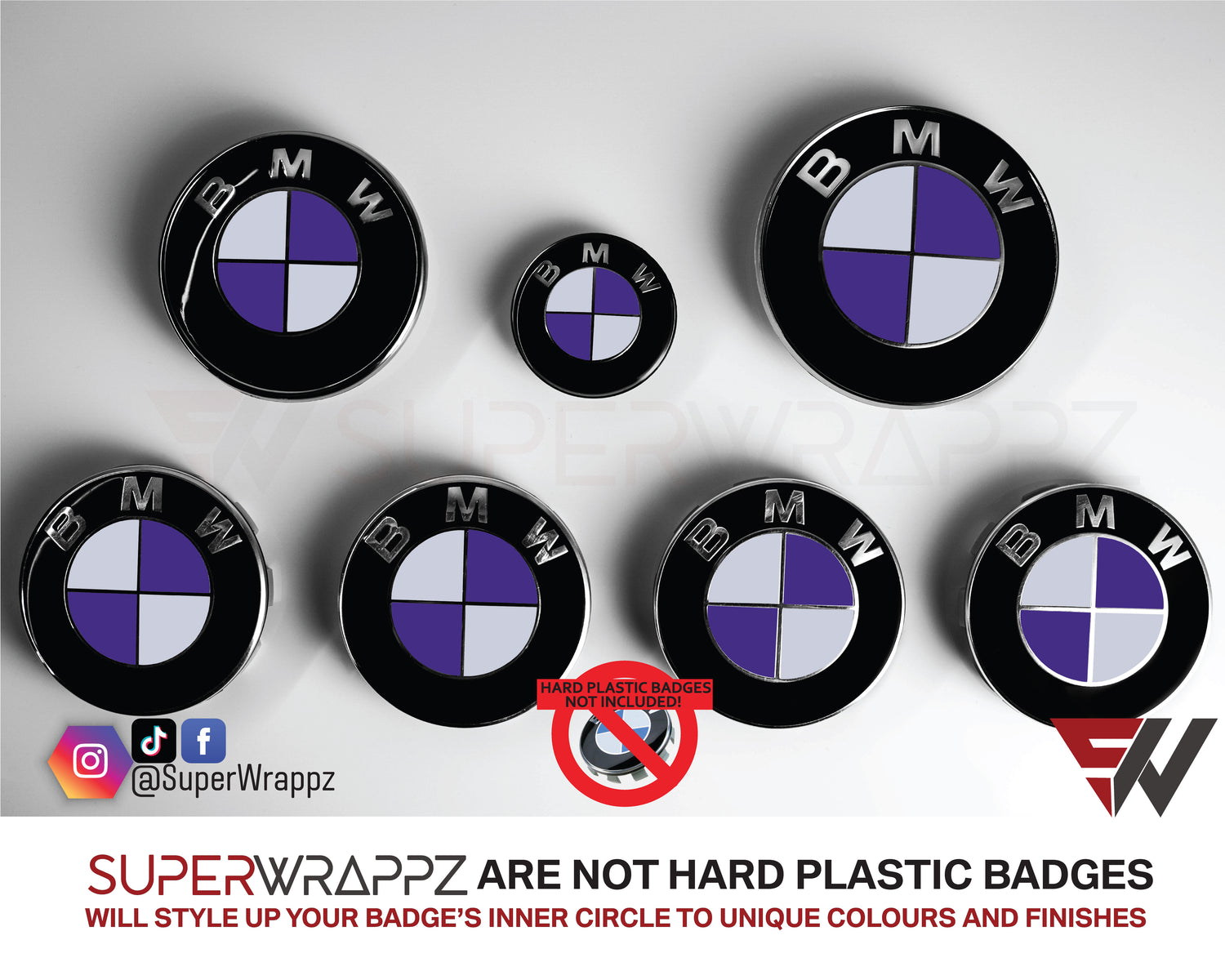 White and Purple Gloss BMW badge overlay by SuperWrappz on E/F Series emblems, aftermarket cast-vinyl set