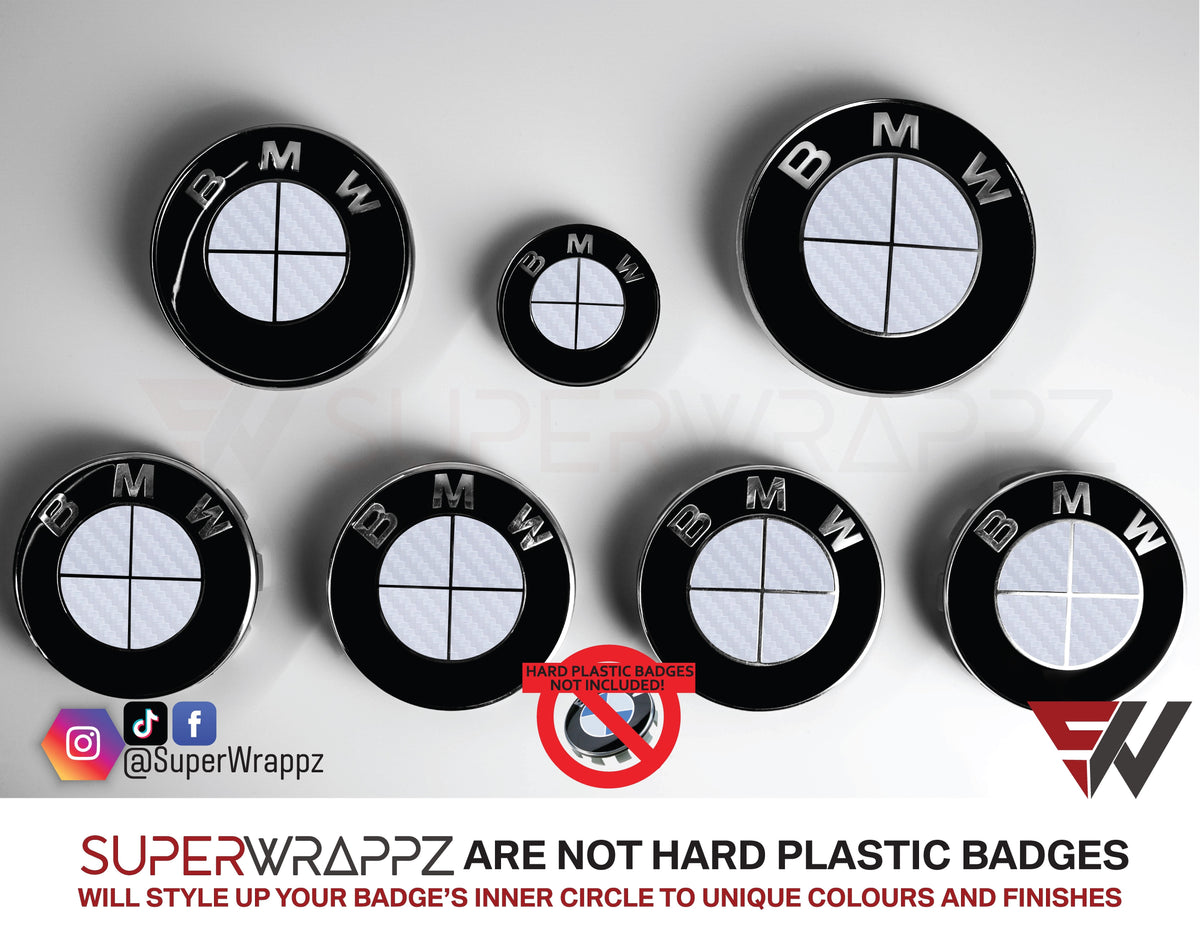 Full White Carbon BMW badge overlay by SuperWrappz on E/F Series emblems, aftermarket cast-vinyl set