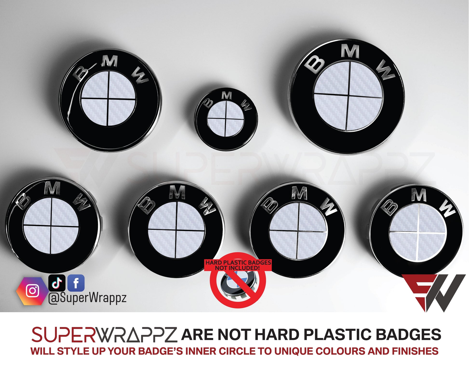 Full White Carbon BMW badge overlay by SuperWrappz on E/F Series emblems, aftermarket cast-vinyl set