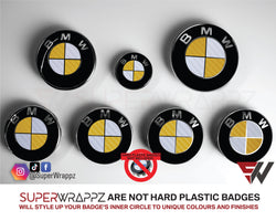 WHITE & YELLOW Carbon Badge Emblem Overlay FOR BMW Sticker Vinyl 2 Quadrants covered in each colour FITS YOUR BMW'S Hood Trunk Rims Steering Wheel