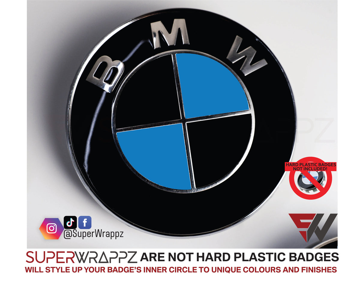 Black & Blue Gloss BMW badge overlay applied to the front hood badge, close-up