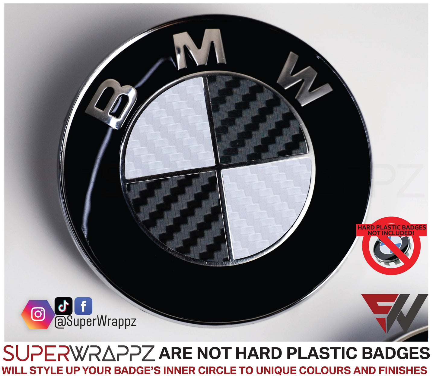 White & Black Carbon V1 BMW Badge Overlay — Compatible with E/F Series | SuperWrappz