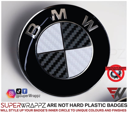 White & Black Carbon V1 BMW Badge Overlay — Compatible with E/F Series | SuperWrappz