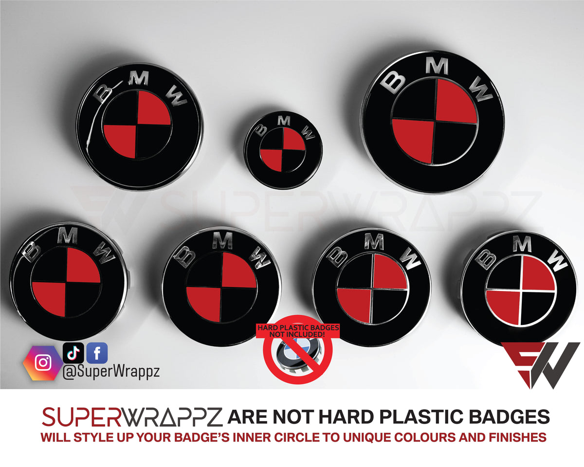 Black and Red Gloss BMW badge overlay by SuperWrappz on E/F Series emblems, aftermarket cast-vinyl set