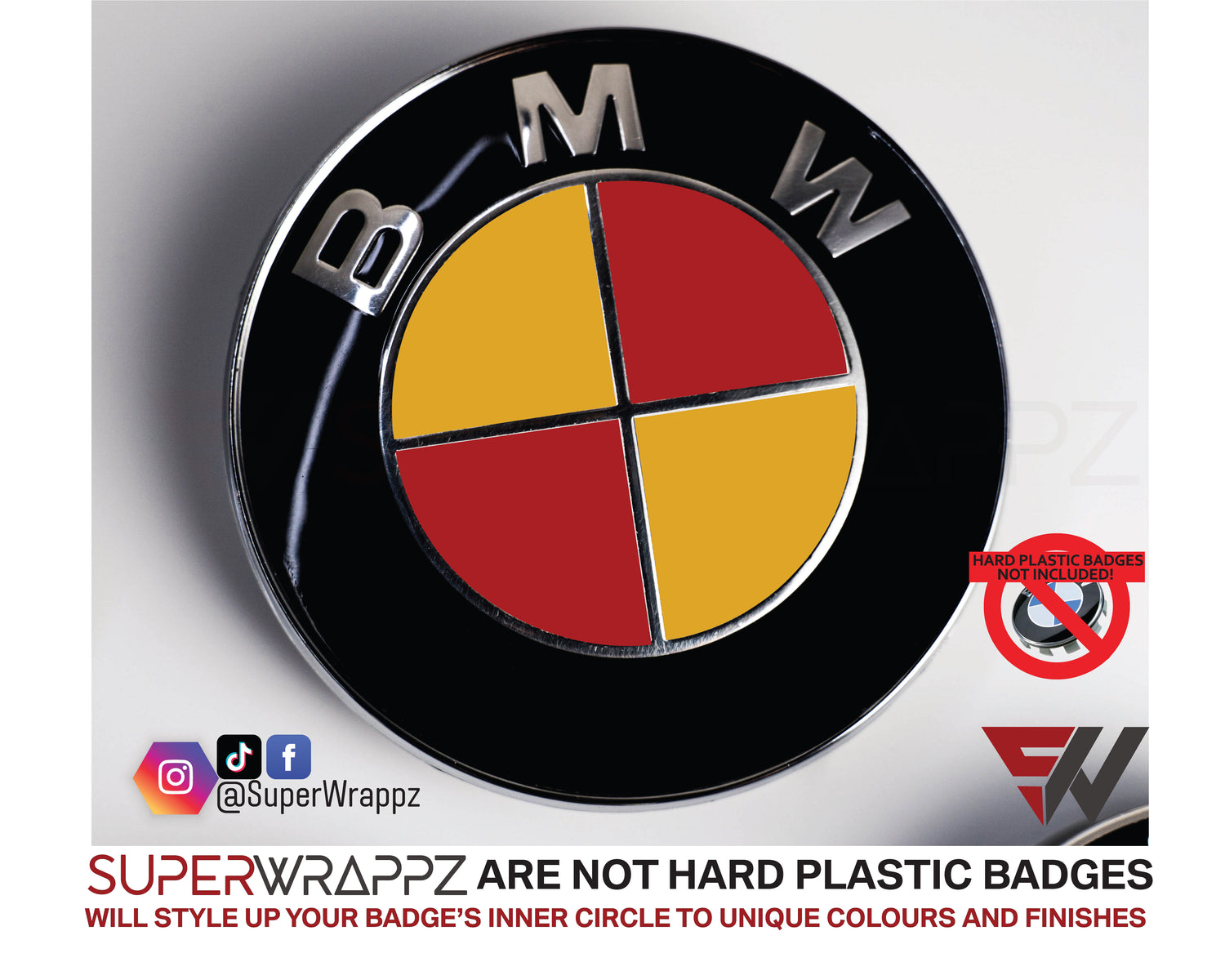Spain Flag BMW badge overlay, studio photo of a single badge