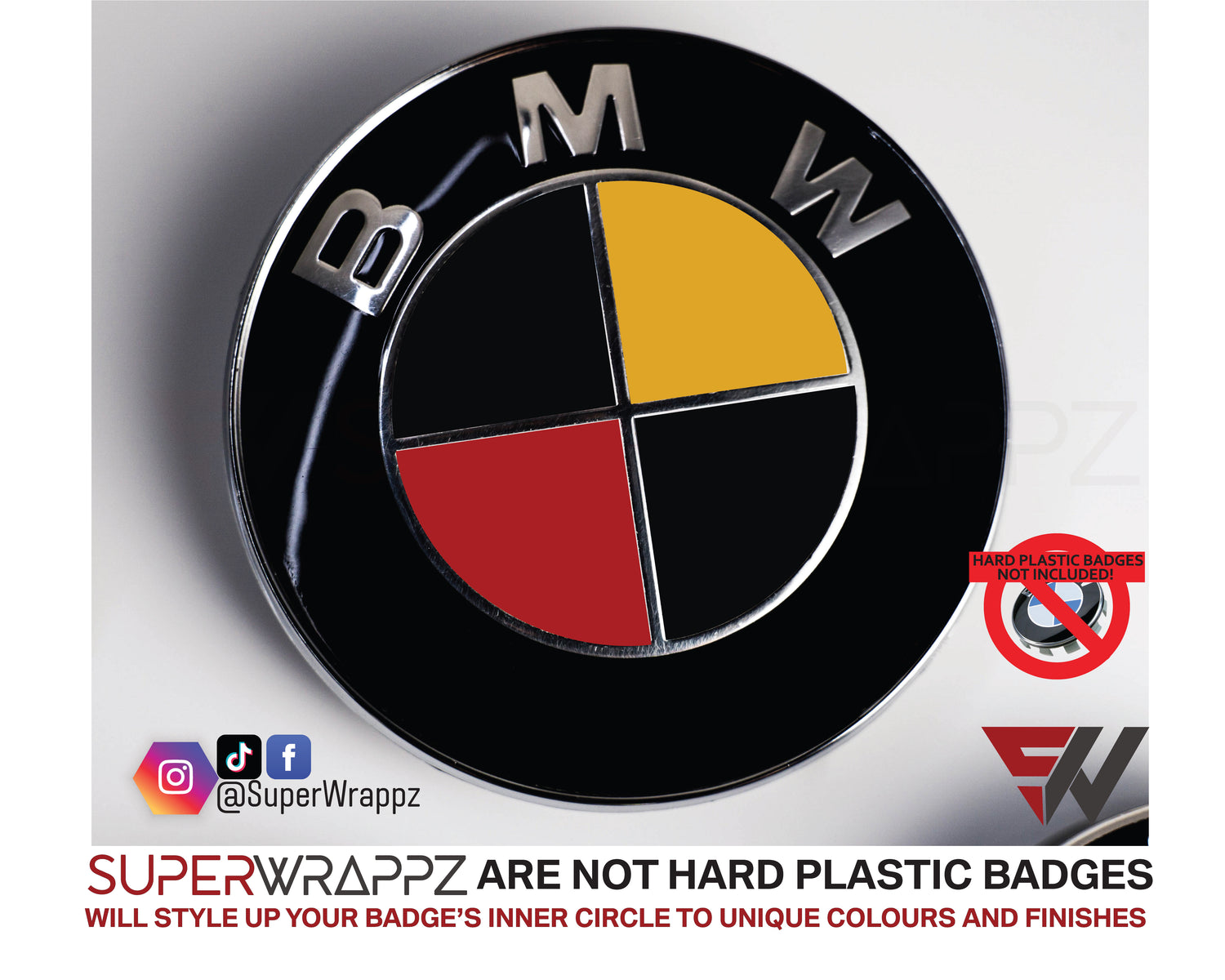 Germany & Belgium Flag BMW badge overlay, studio photo of a single badge