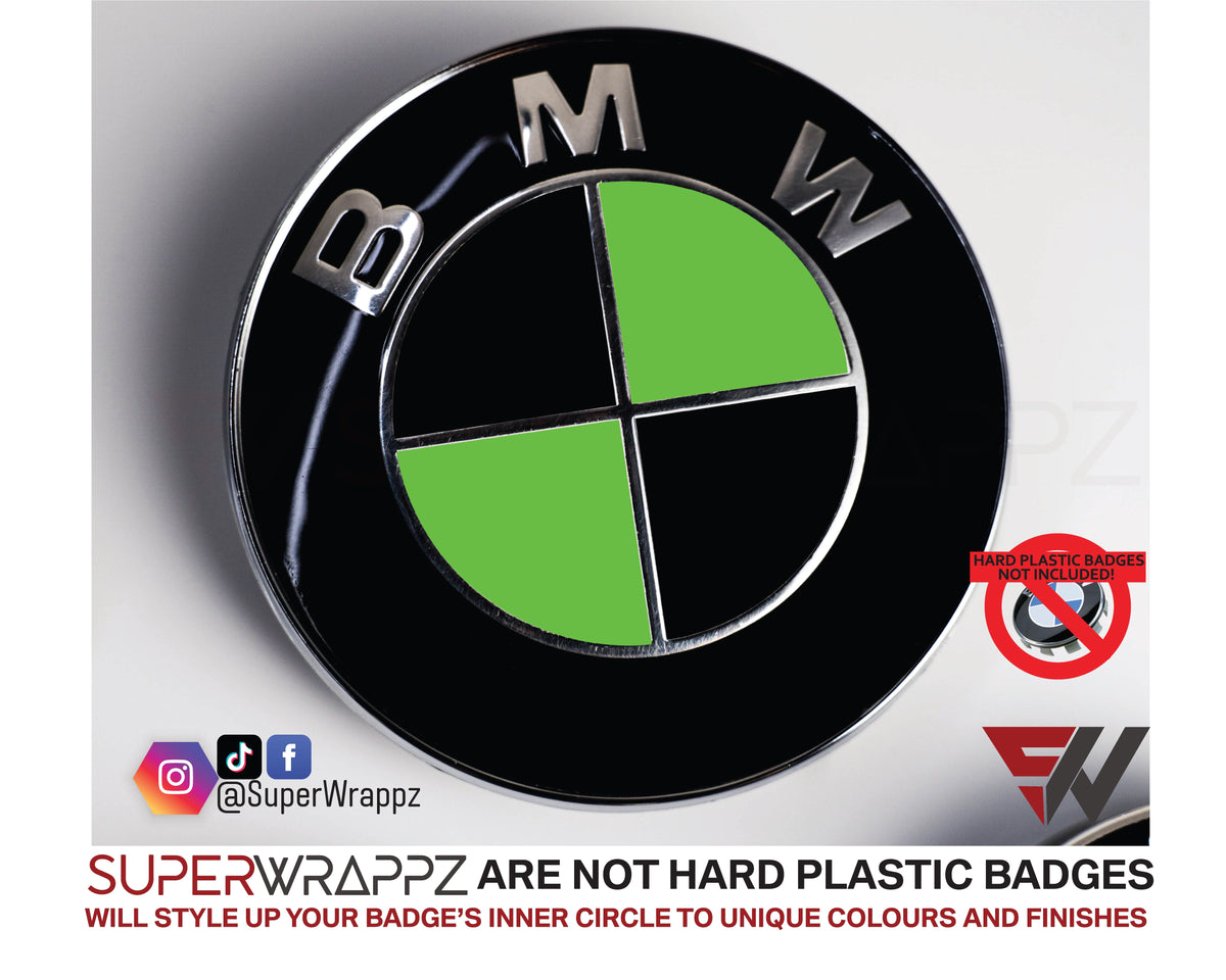 Black & Green Gloss BMW badge overlay, complete badge set laid out on a plain background