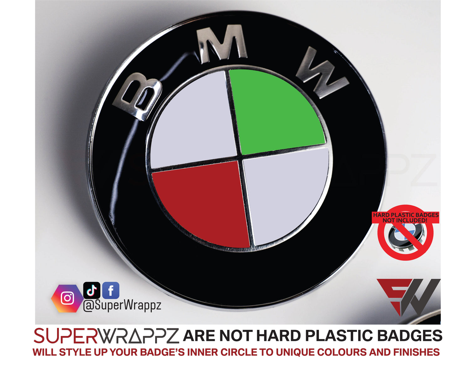 Italy & Hungary Flag BMW badge overlay, studio photo of a single badge