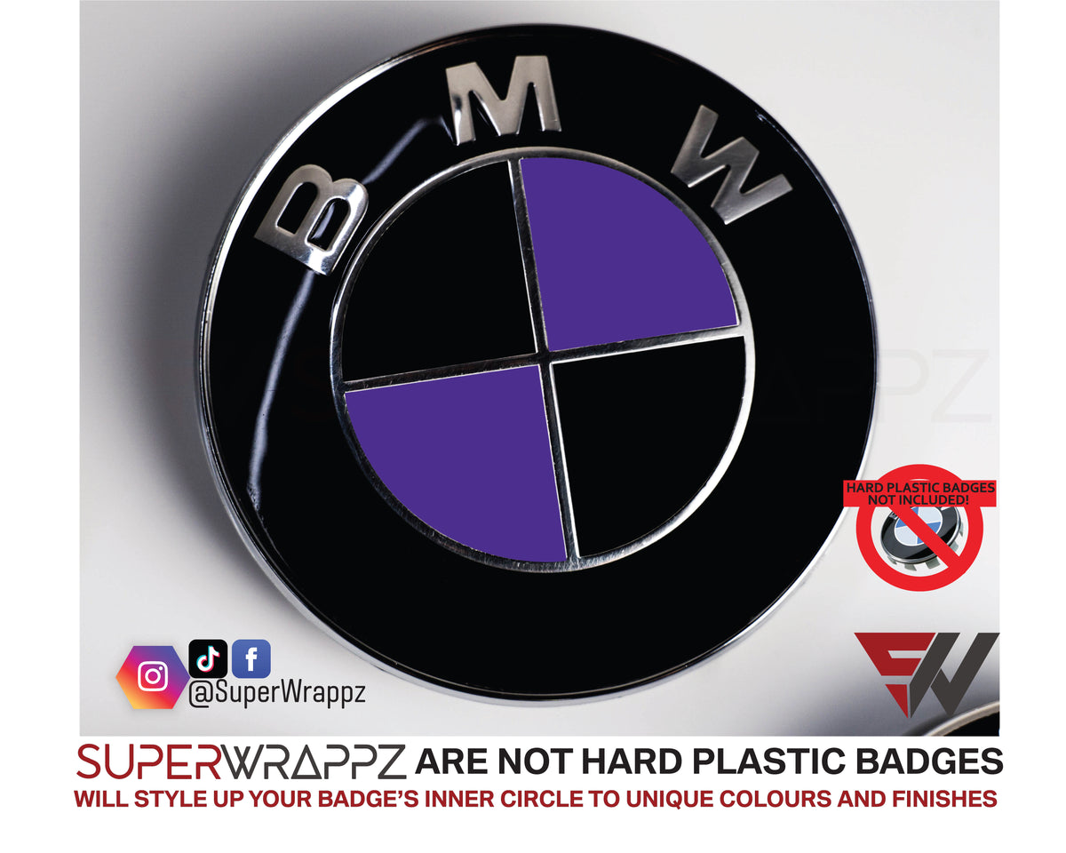 Black & Purple Gloss BMW badge overlay, complete badge set laid out on a plain background