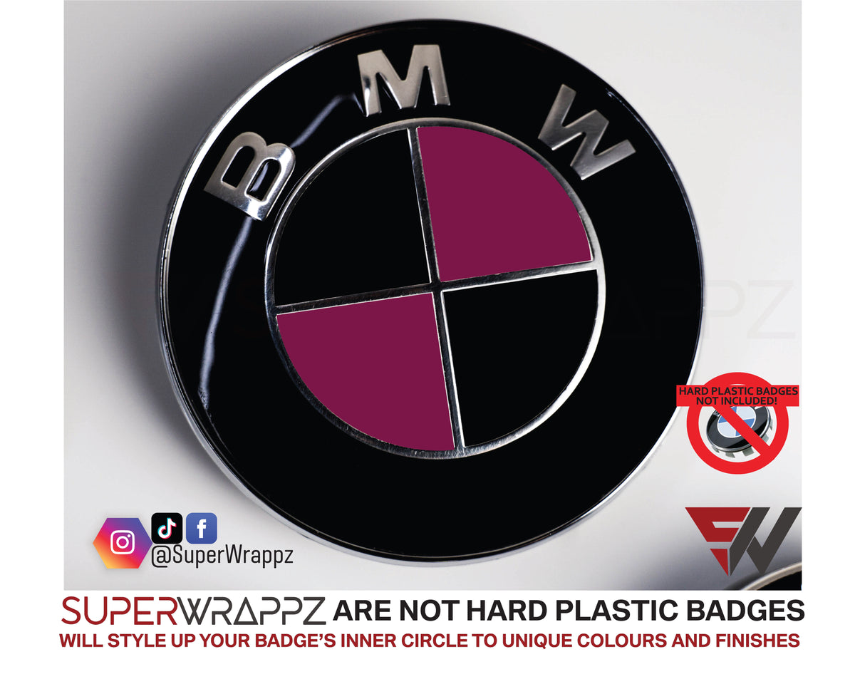 Black & Pink Fuchsia Gloss BMW badge overlay applied to the front hood badge, close-up