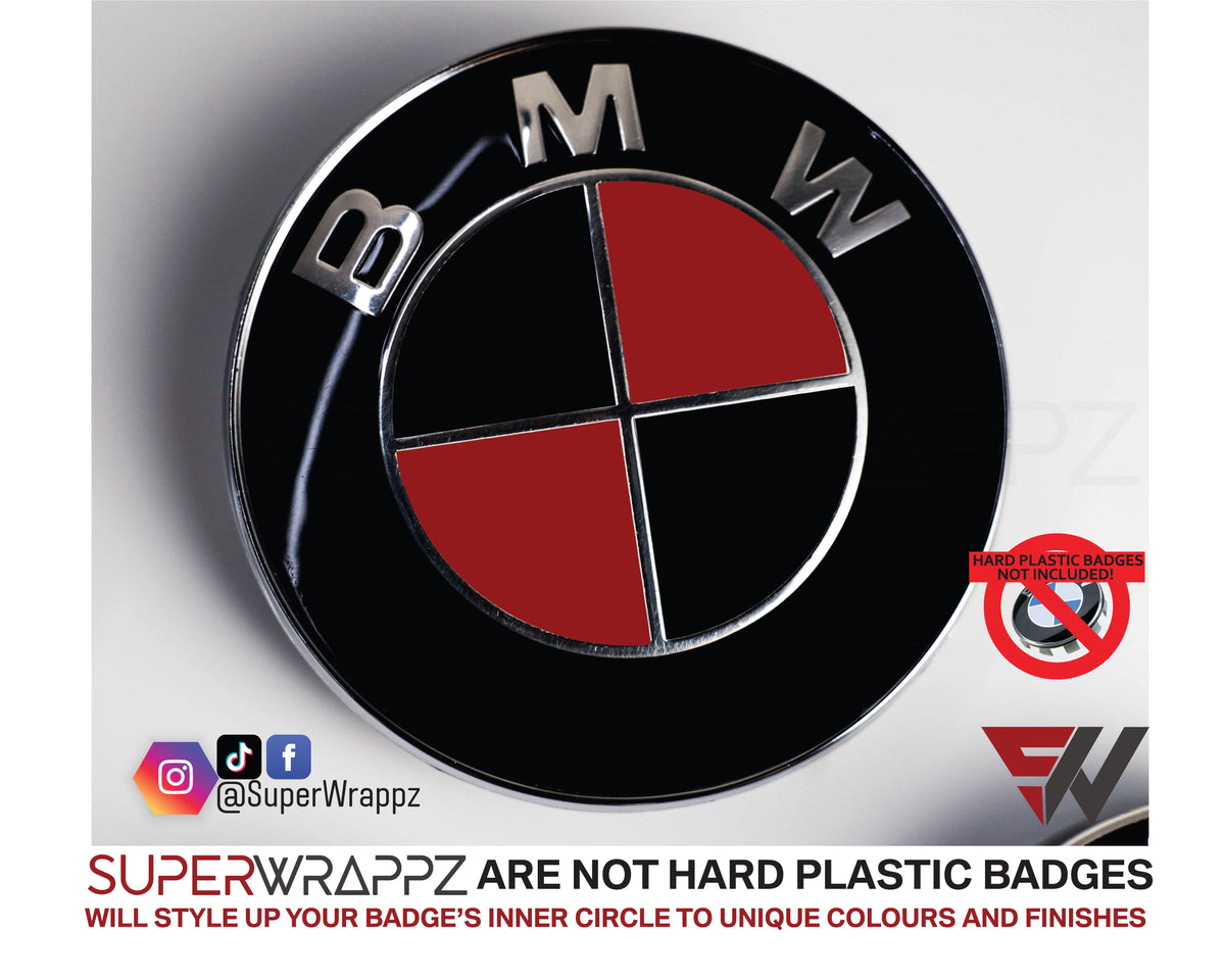 Black & Red Metal Gloss BMW badge overlay applied to the front hood badge, close-up