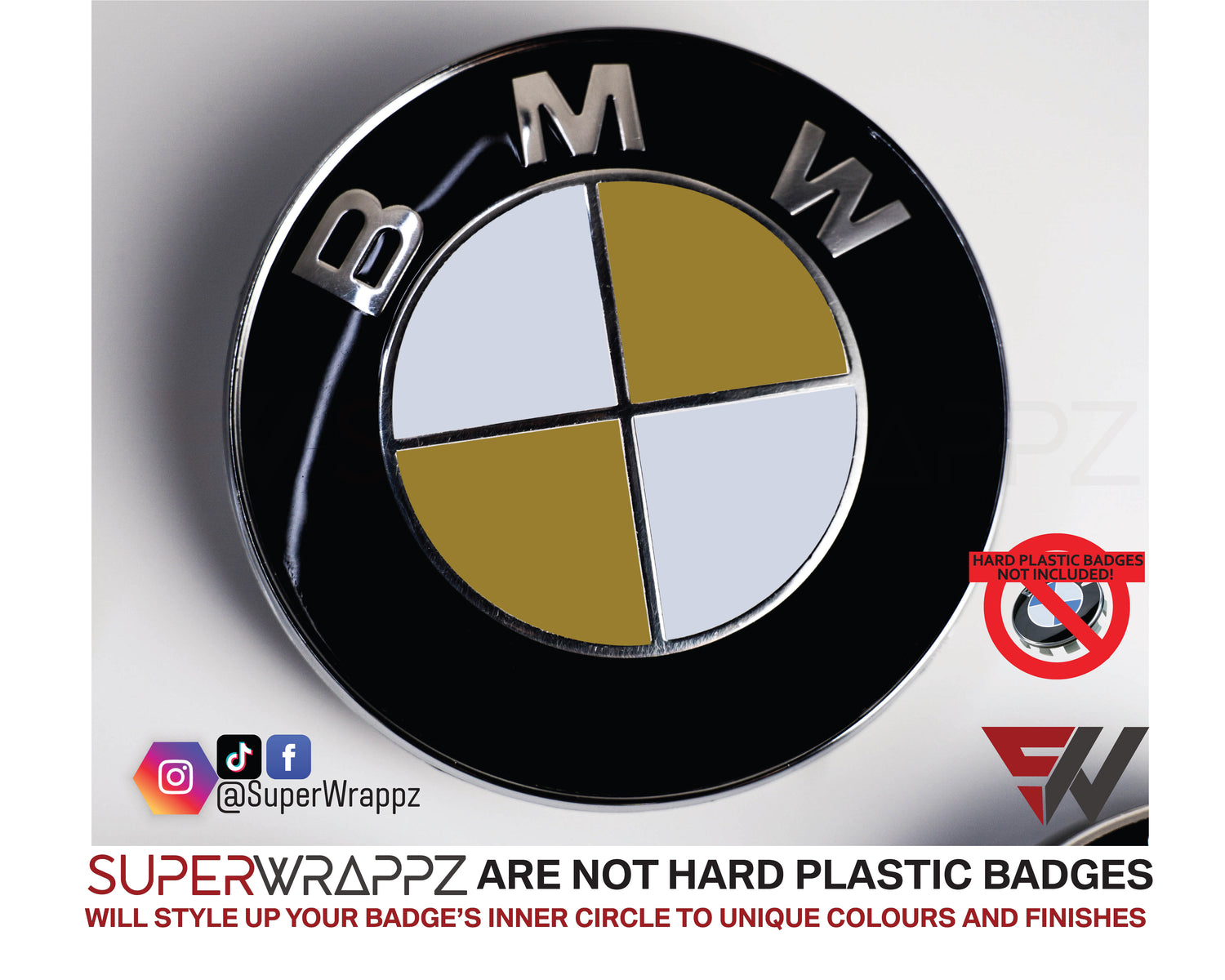 White & Gold Gloss V1 BMW Badge Overlay — Compatible with E/F Series | SuperWrappz