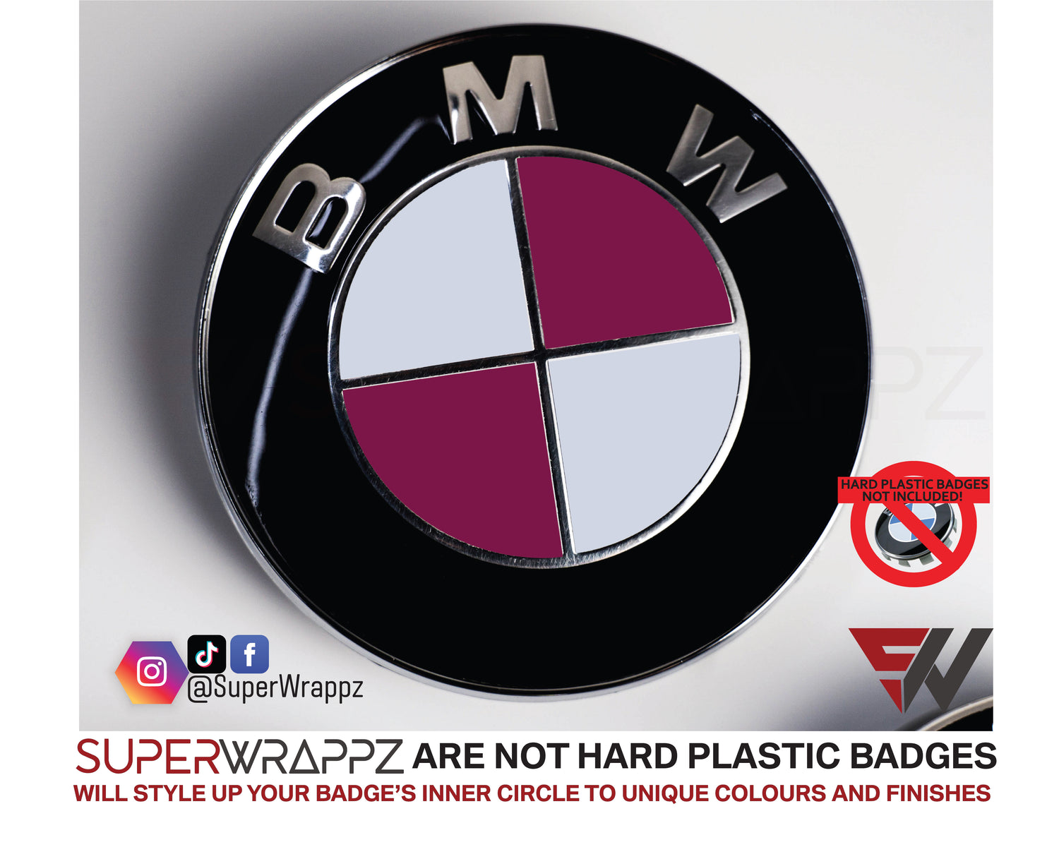 White & Pink Fuchsia Gloss V1 BMW Badge Overlay — Compatible with E/F Series | SuperWrappz