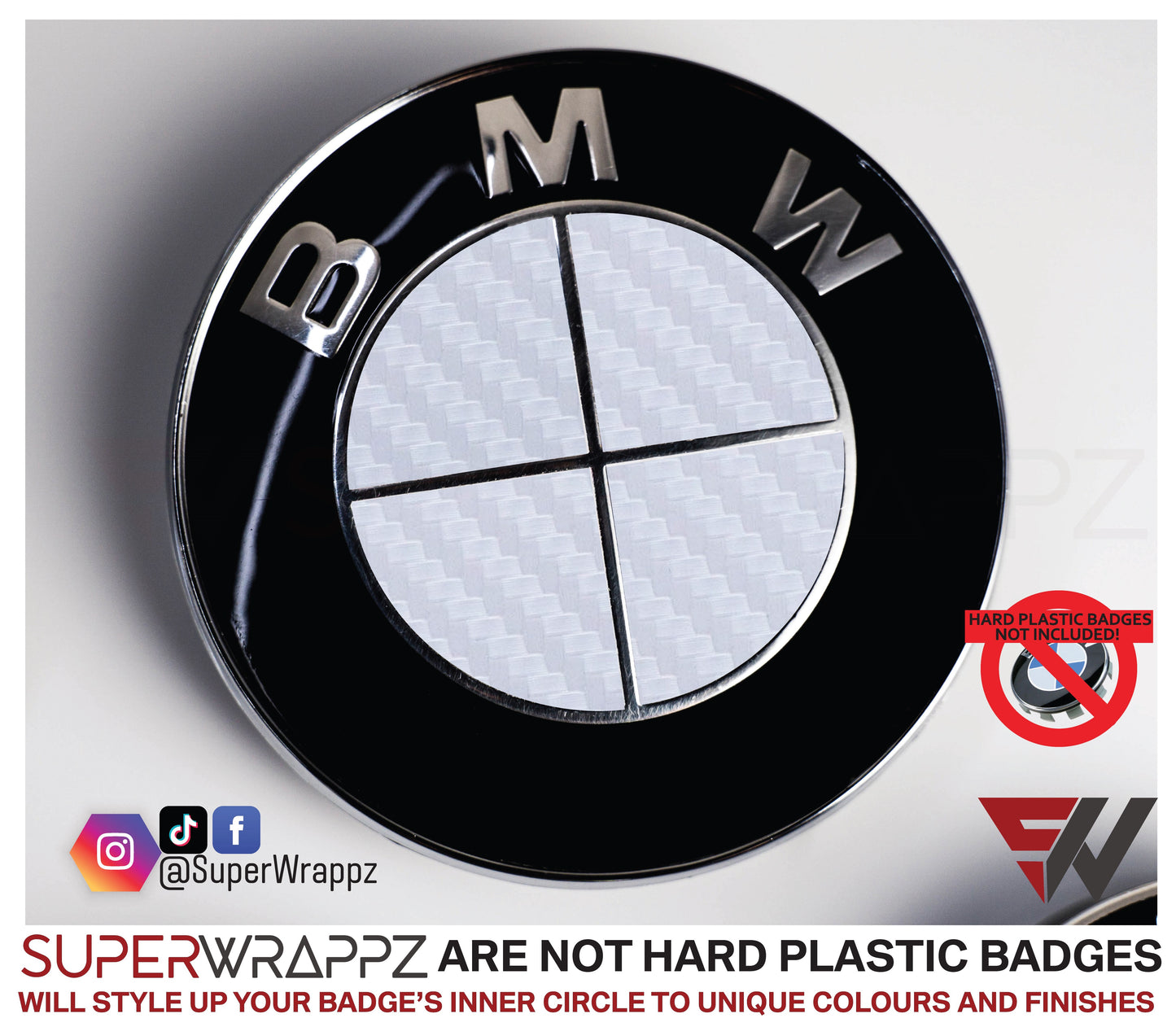 Full White Carbon V1 BMW Badge Overlay — Compatible with E/F Series | SuperWrappz