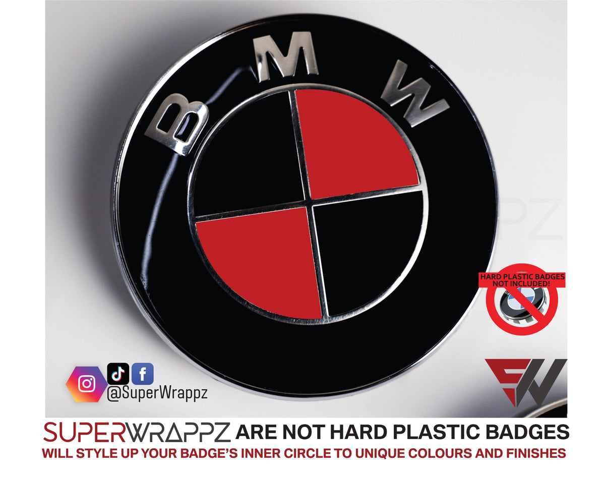 Black & Red Gloss BMW badge overlay, complete badge set laid out on a plain background