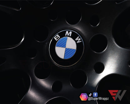 Half Blue Carbon V1 BMW Badge Overlay — Compatible with E/F Series | SuperWrappz