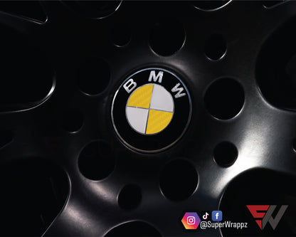 Half Yellow Carbon V1 BMW Badge Overlay — Compatible with E/F Series | SuperWrappz