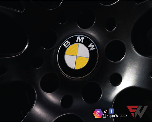 Half Yellow Carbon V1 BMW Badge Overlay — Compatible with E/F Series | SuperWrappz