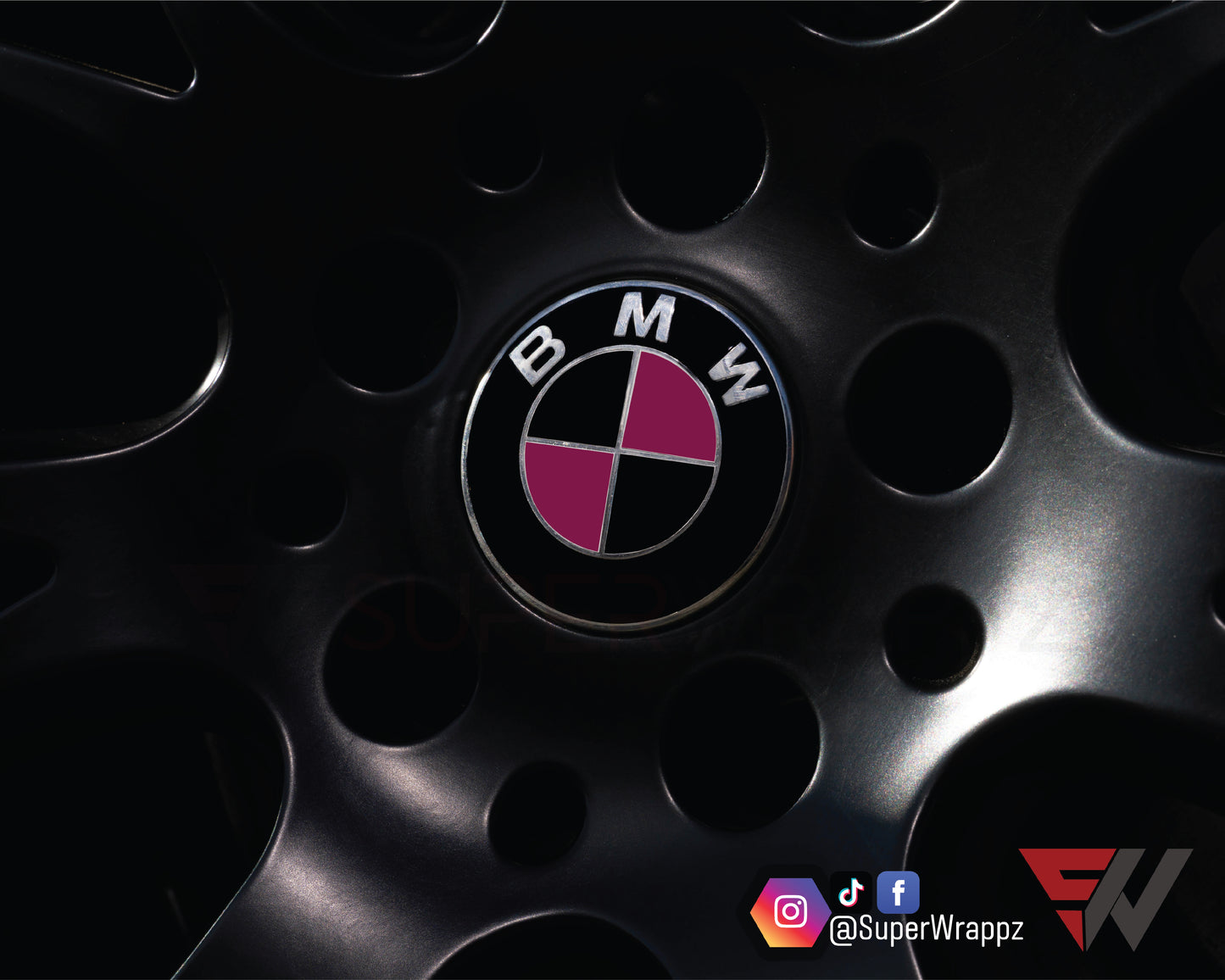 Black & Pink Fuchsia Gloss V1 BMW Badge Overlay — Compatible with E/F Series | SuperWrappz