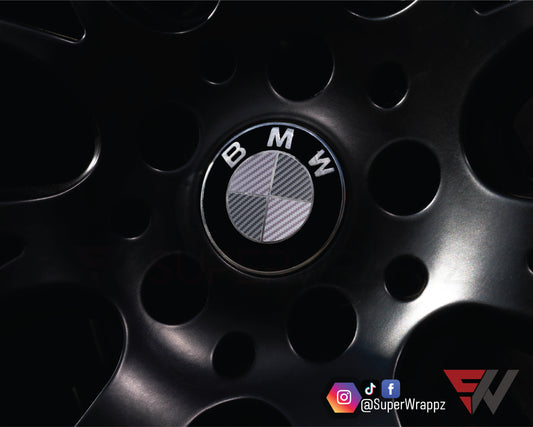 Dark Grey & Silver Carbon V1 BMW Badge Overlay — Compatible with E/F Series | SuperWrappz