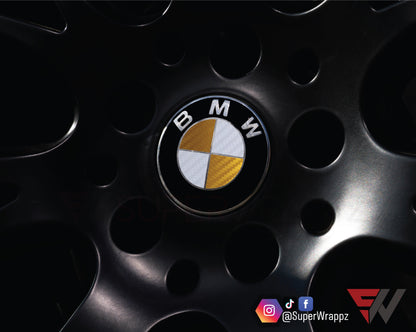 White & Gold Carbon V1 BMW Badge Overlay — Compatible with E/F Series | SuperWrappz
