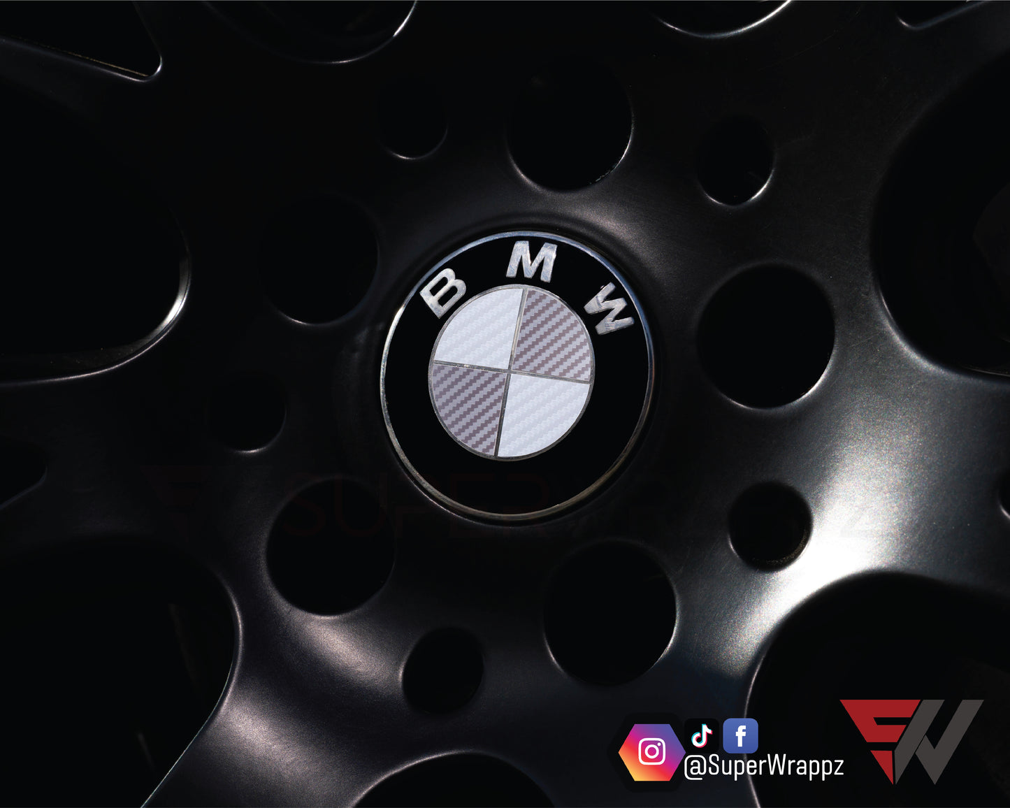 White & Silver Carbon V1 BMW Badge Overlay — Compatible with E/F Series | SuperWrappz
