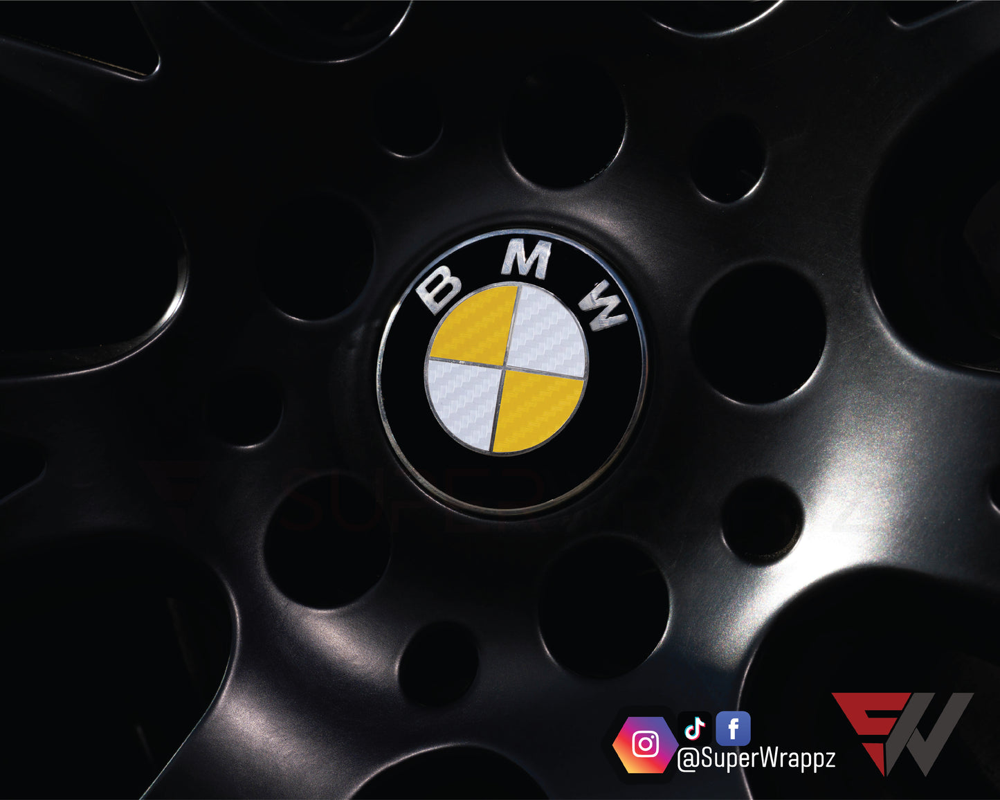 White & Yellow Carbon V1 BMW Badge Overlay — Compatible with E/F Series | SuperWrappz