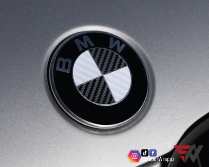 White & Black Carbon V1 BMW Badge Overlay — Compatible with E/F Series | SuperWrappz
