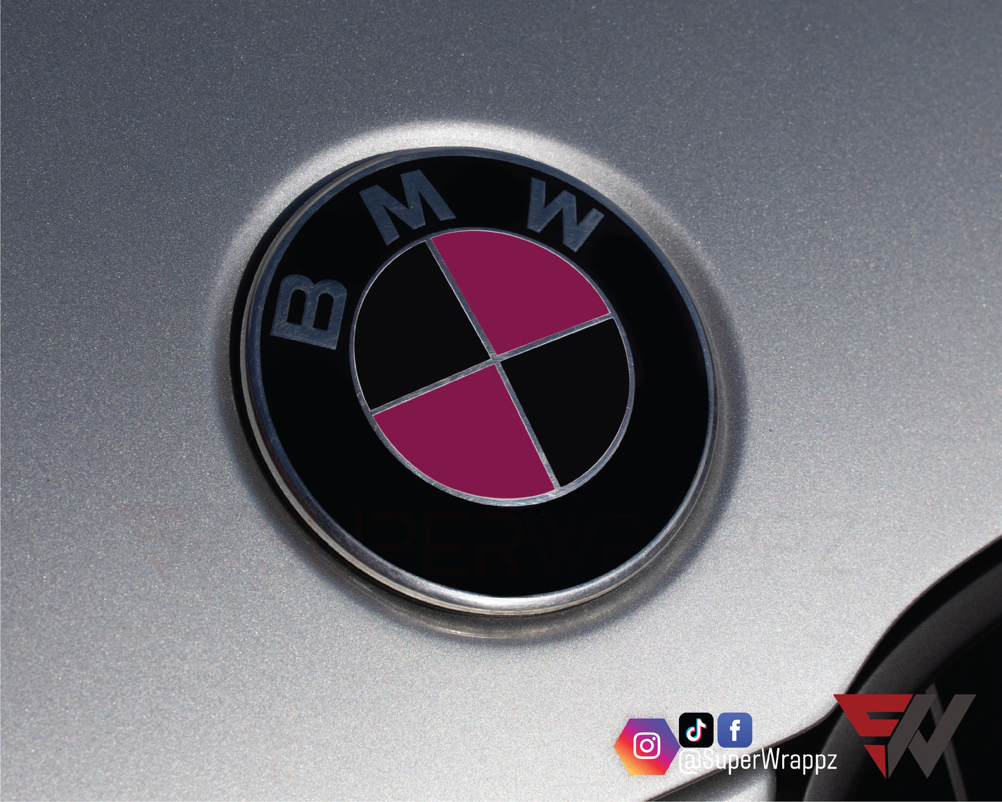 Black & Pink Fuchsia Gloss V1 BMW Badge Overlay — Compatible with E/F Series | SuperWrappz