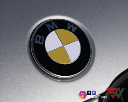 White & Gold Gloss V1 BMW Badge Overlay — Compatible with E/F Series | SuperWrappz