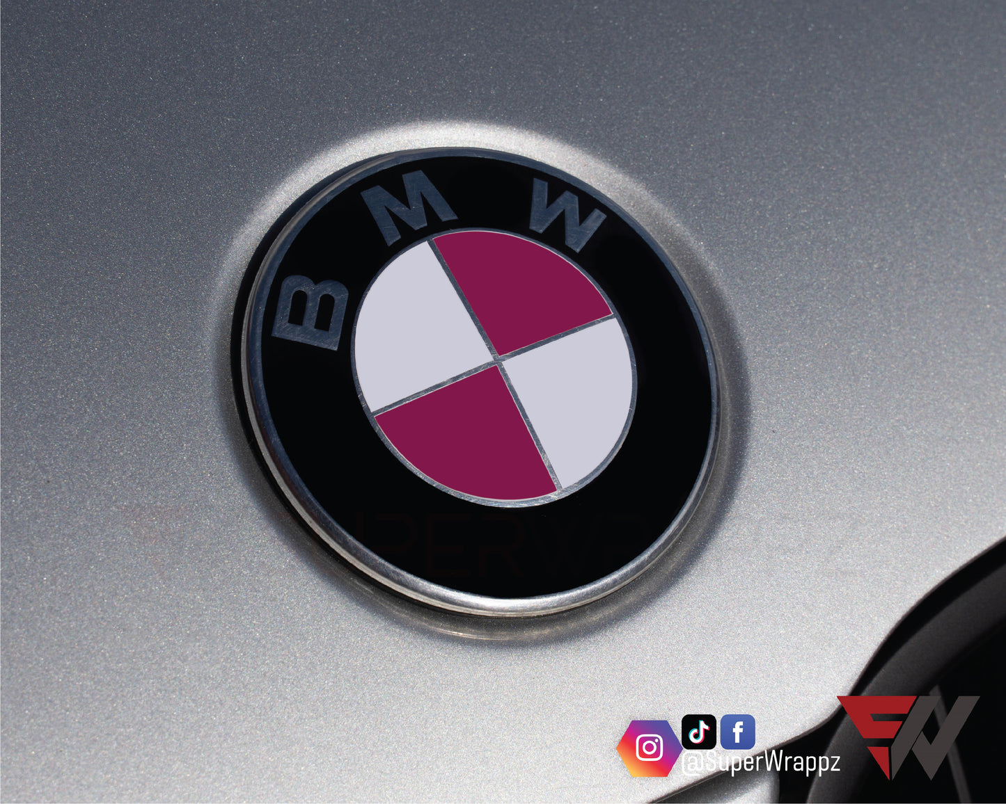 White & Pink Fuchsia Gloss V1 BMW Badge Overlay — Compatible with E/F Series | SuperWrappz