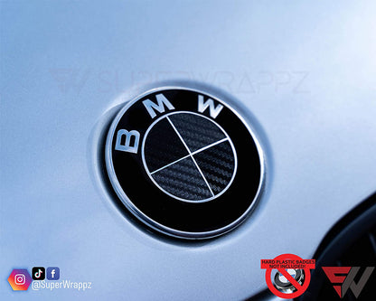 Black & Dark Grey Carbon V1 BMW Badge Overlay — Compatible with E/F Series | SuperWrappz