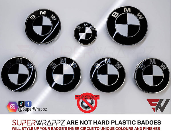 HALF BLACK GLOSS Badge Emblem Overlay FOR BMW Sticker VINYL 2 QUADRANTS COVERED FITS YOUR BMW'S HOOD TRUNK RIMS STEERING WHEEL