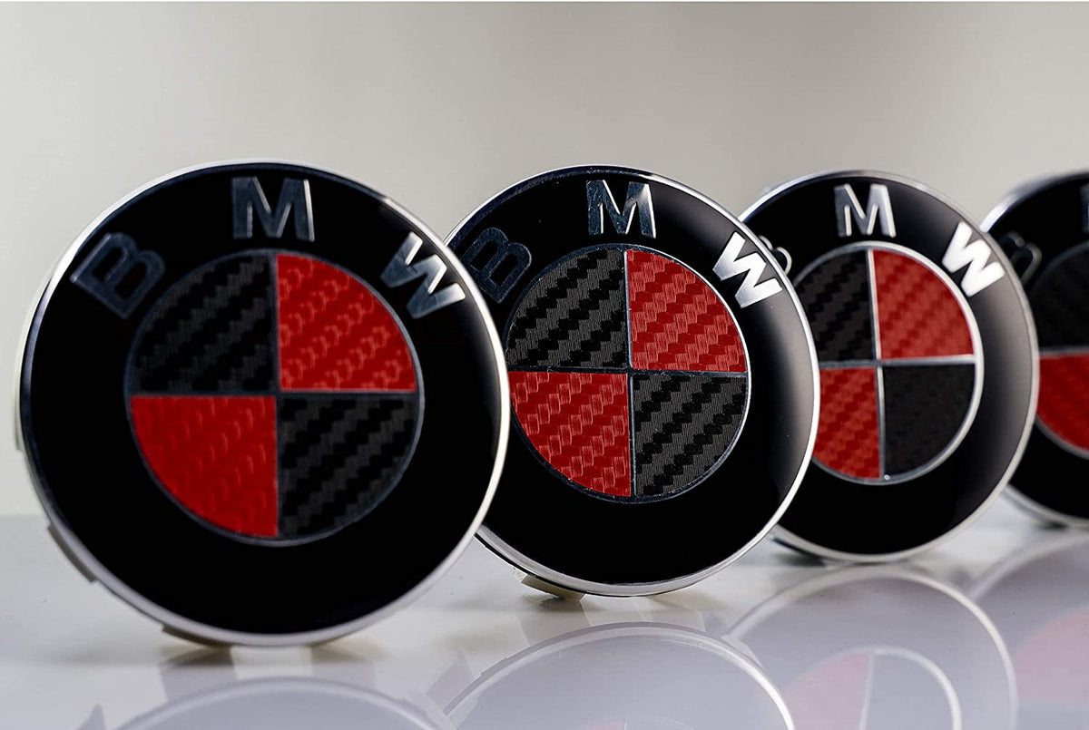 Black & Red Carbon BMW badge overlay, complete badge set laid out on a plain background
