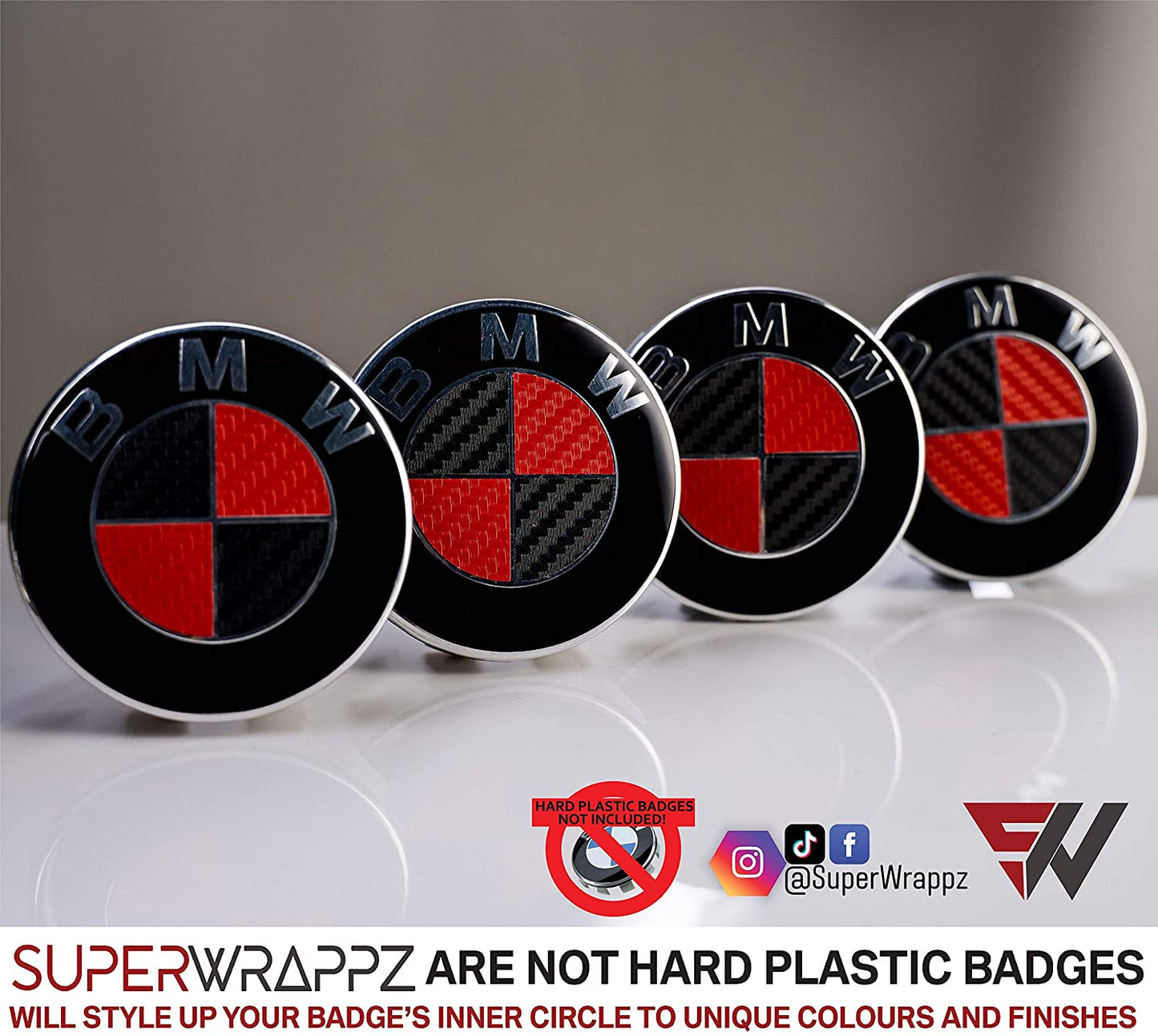 Black & Red Carbon V1 BMW Badge Overlay — Compatible with E/F Series | SuperWrappz