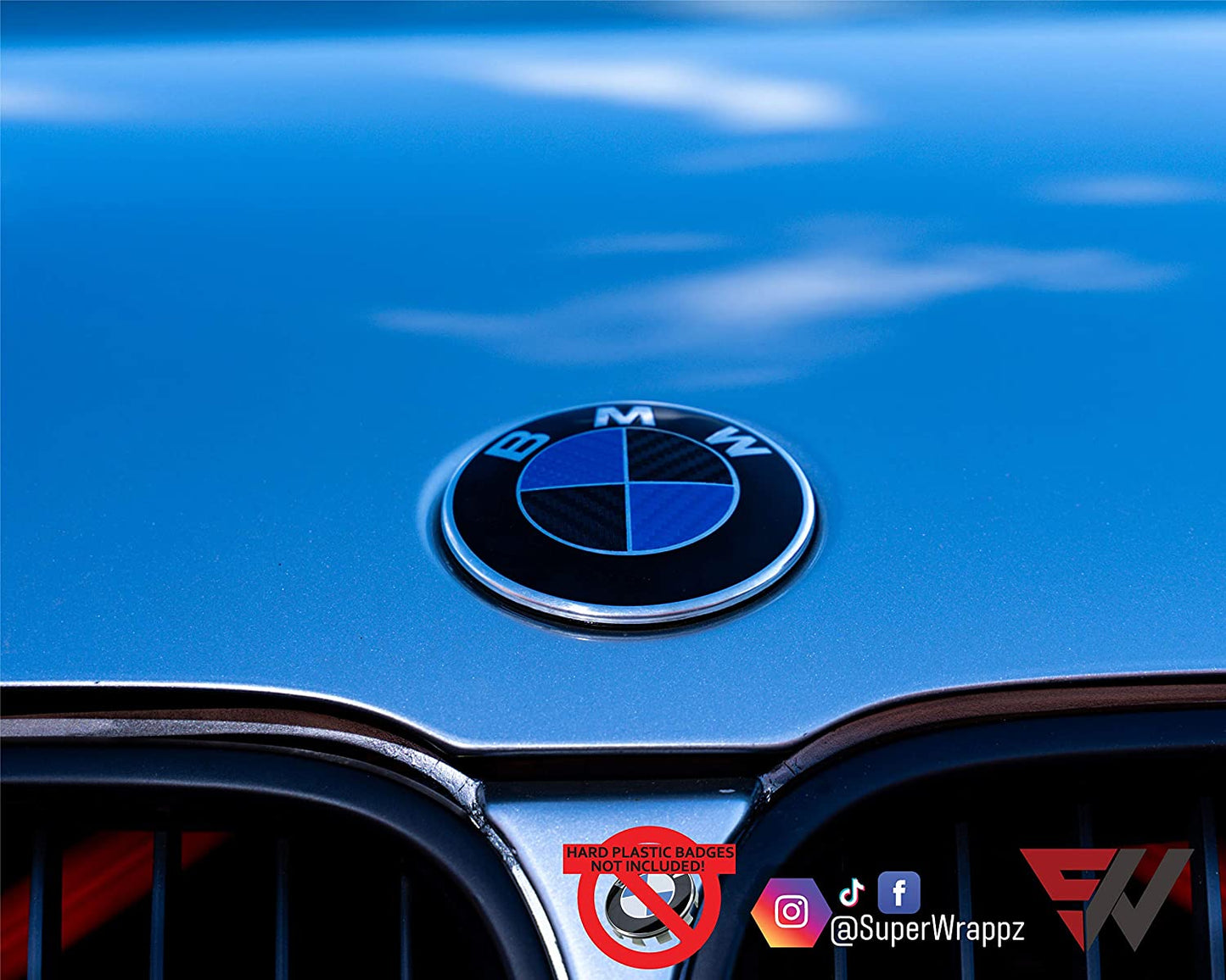 Black & Blue Carbon V1 BMW Badge Overlay — Compatible with E/F Series | SuperWrappz