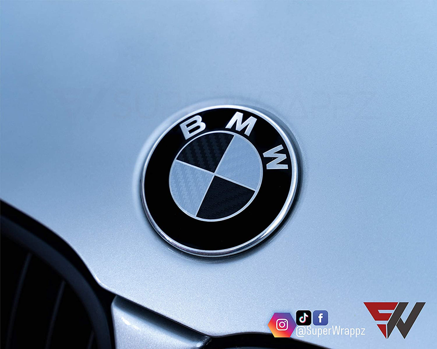 Black & Silver Carbon V1 BMW Badge Overlay — Compatible with E/F Series | SuperWrappz