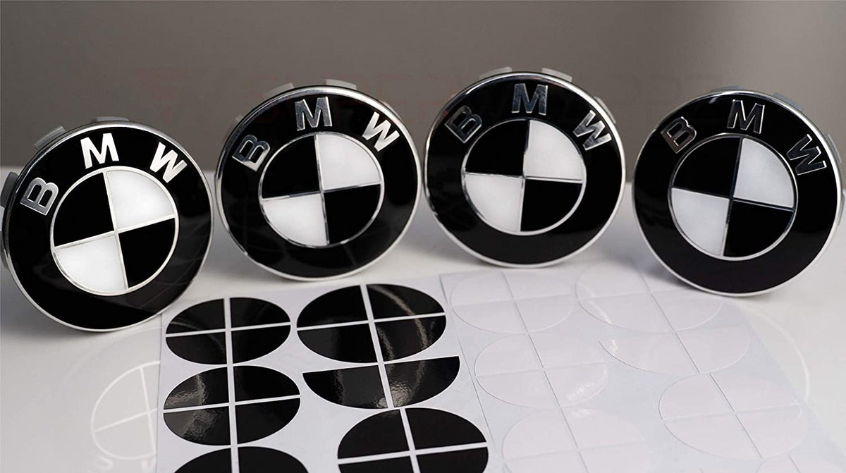 Black & White Gloss BMW badge overlay, complete badge set laid out on a plain background