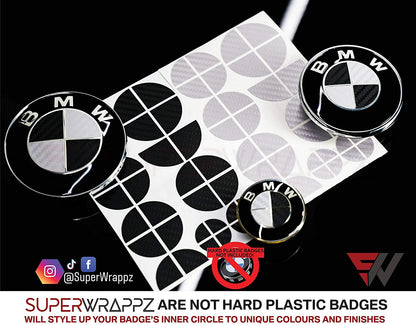 Black & Silver Carbon V1 BMW Badge Overlay — Compatible with E/F Series | SuperWrappz