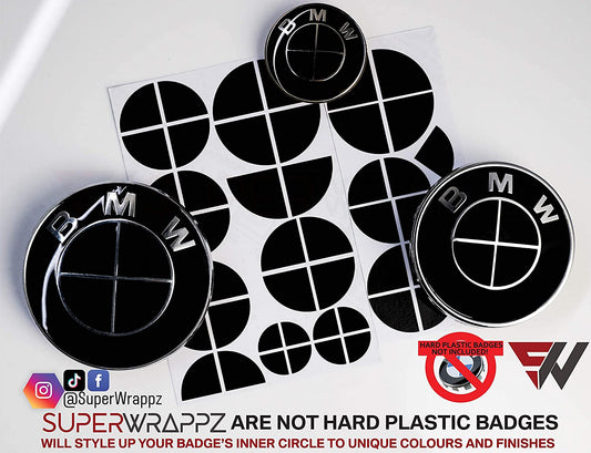 Full Black Gloss BMW badge overlay by SuperWrappz on E/F Series emblems, aftermarket cast-vinyl set
