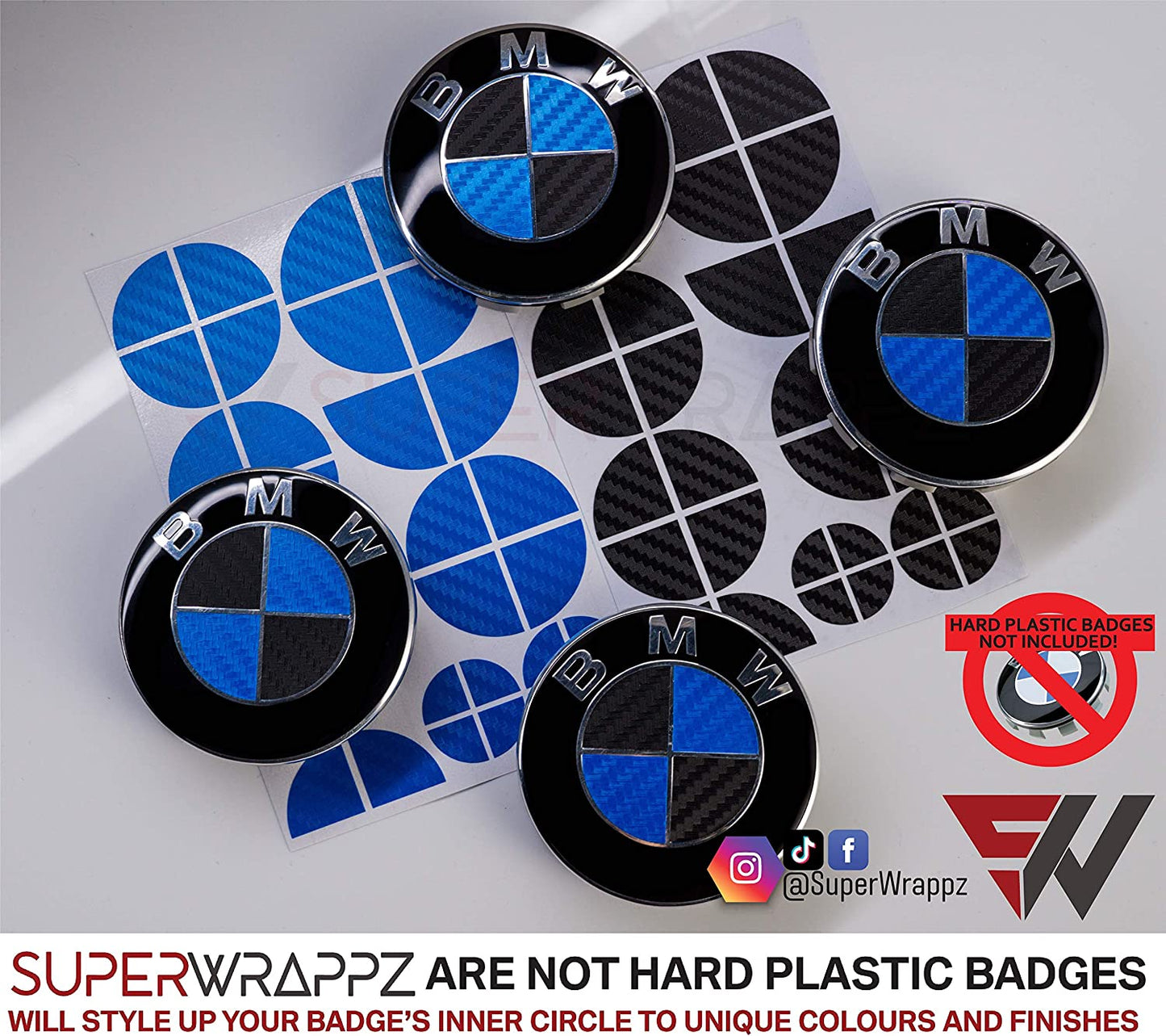 Black and Blue Carbon BMW badge overlay by SuperWrappz on E/F Series emblems, aftermarket cast-vinyl set