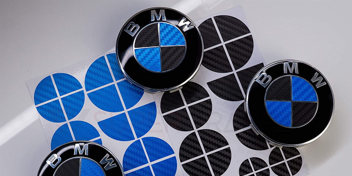 Black and Blue Carbon BMW badge overlay by SuperWrappz on E/F Series emblems, aftermarket cast-vinyl set