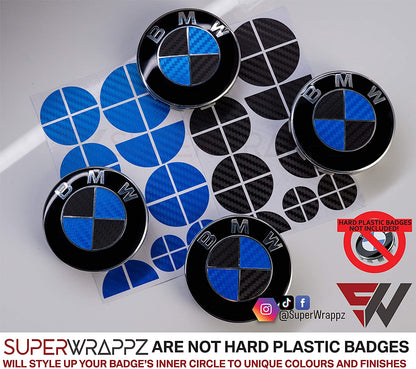 Black and Blue Carbon BMW badge overlay by SuperWrappz on E/F Series emblems, aftermarket cast-vinyl set